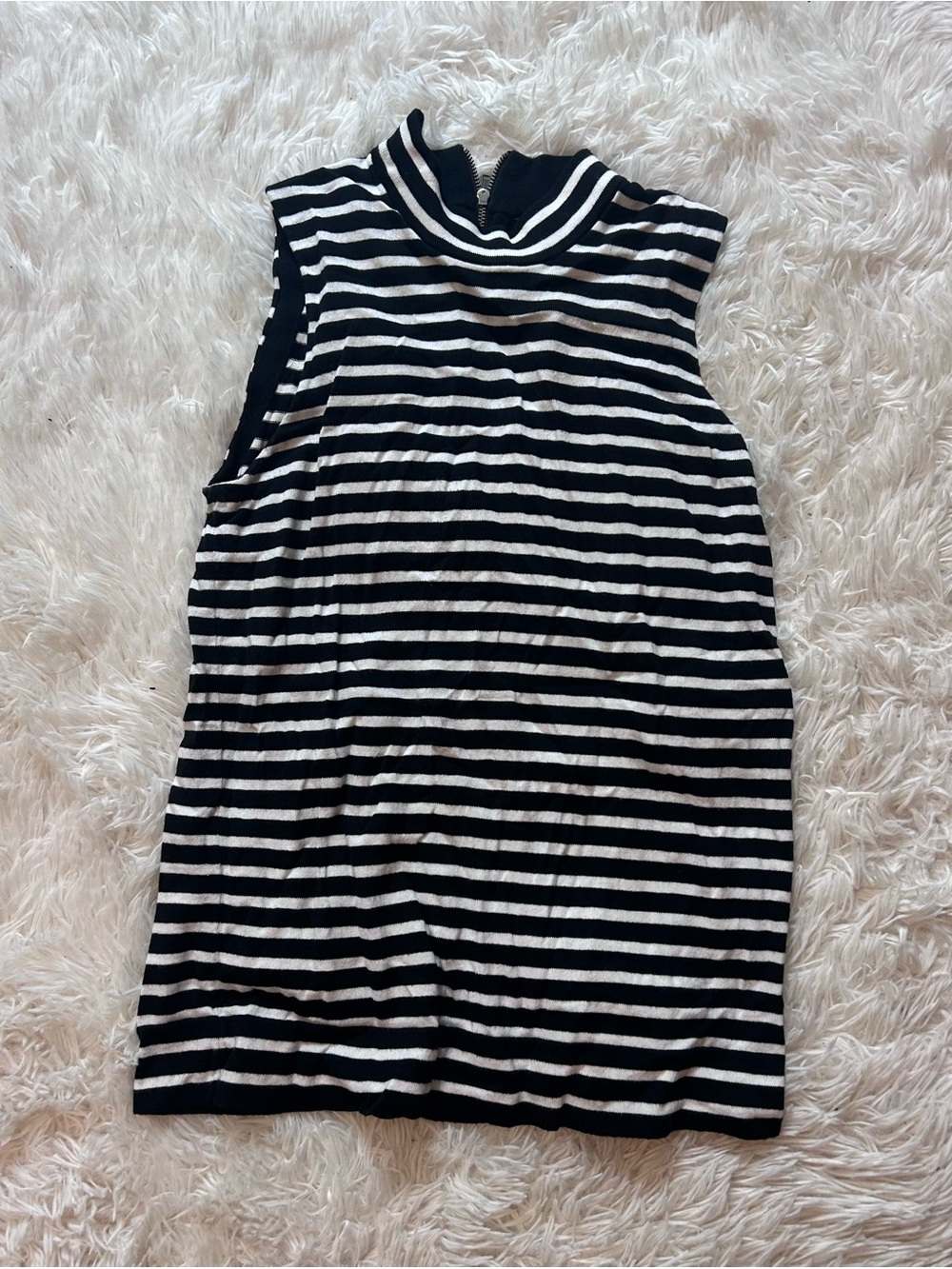 J. Crew Black and White Striped Sleeveless Turtleneck